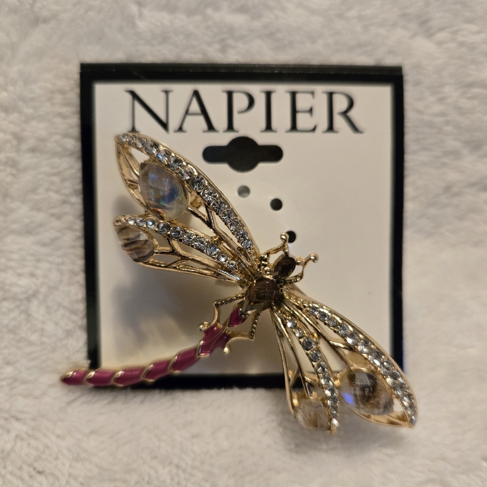 Napier New Dragonfly Gold Tone Pin Brooch Rhinestones Pink‎ & Opalescent Stones